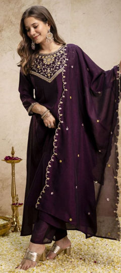Purple and Violet color Salwar Kameez in Silk fabric with Embroidered, Sequence work