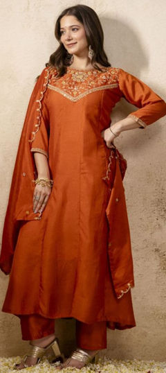 Orange color Salwar Kameez in Silk fabric with Embroidered, Sequence work