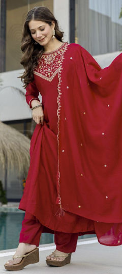 Red and Maroon color Salwar Kameez in Silk fabric with Embroidered, Sequence work