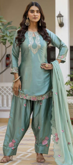 Green color Salwar Kameez in Satin Silk fabric with Embroidered, Sequence work