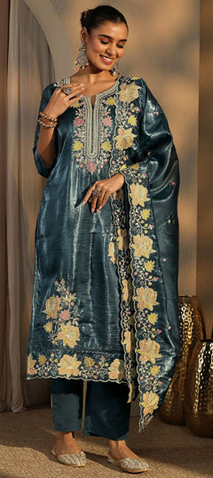 Blue color Salwar Kameez in Crushed Silk fabric with Embroidered, Sequence work