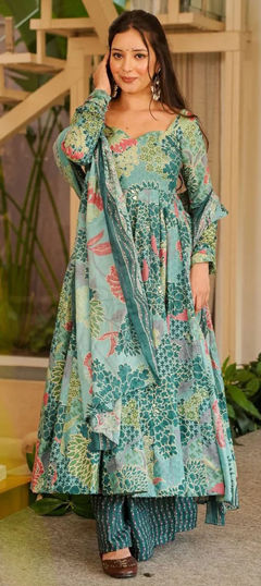 Blue color Salwar Kameez in Silk cotton fabric with Digital Print work