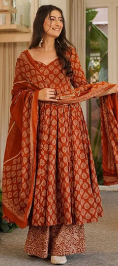 Beige and Brown color Salwar Kameez in Silk cotton fabric with Digital Print work
