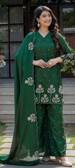 Green color Salwar Kameez in Chinon Silk fabric with Sequence work