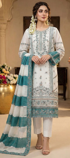 White and Off White color Salwar Kameez in Crushed Silk fabric with Embroidered, Sequence work