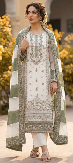 White and Off White color Salwar Kameez in Crushed Silk fabric with Embroidered, Sequence work