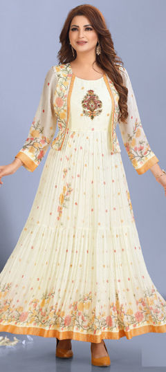 White and Off White color Gown in Georgette fabric with Bugle Beads, Embroidered, Floral, Printed work