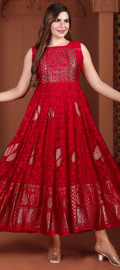 Red and Maroon color Gown in Georgette fabric with Floral, Printed, Sequence work