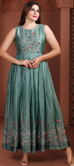 Green color Gown in Georgette fabric with Floral, Printed, Sequence work
