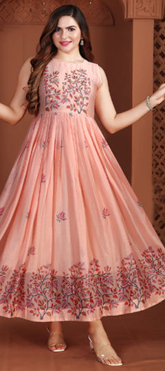 Pink and Majenta color Gown in Georgette fabric with Floral, Printed, Sequence work