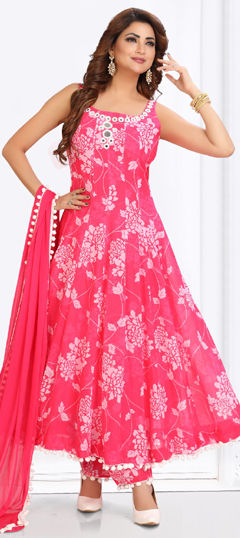 Pink and Majenta color Salwar Kameez in Georgette fabric with Mirror, Printed work