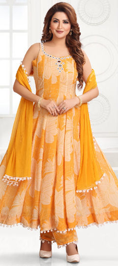 Yellow color Salwar Kameez in Georgette fabric with Bugle Beads, Floral, Mirror, Printed work