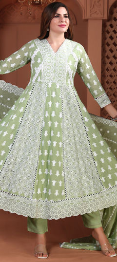 Green color Salwar Kameez in Cotton Flex fabric with Embroidered work