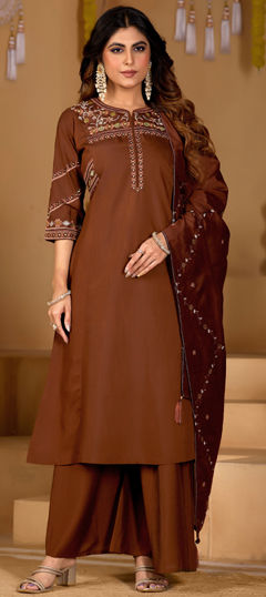 Beige and Brown color Salwar Kameez in Viscose fabric with Embroidered, Thread work
