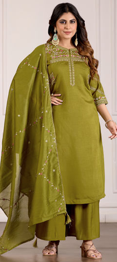 Green color Salwar Kameez in Viscose fabric with Embroidered, Thread work