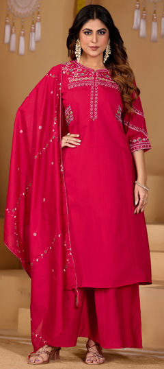 Pink and Majenta color Salwar Kameez in Viscose fabric with Embroidered, Thread work