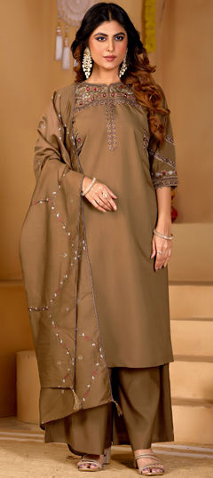 Beige and Brown color Salwar Kameez in Viscose fabric with Embroidered, Thread work