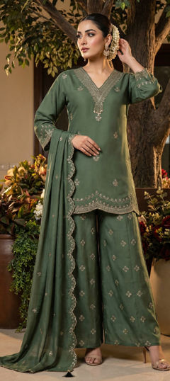 Green color Salwar Kameez in Roman Silk fabric with Embroidered, Sequence work