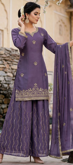 Purple and Violet color Salwar Kameez in Chinon Silk fabric with Embroidered, Sequence work
