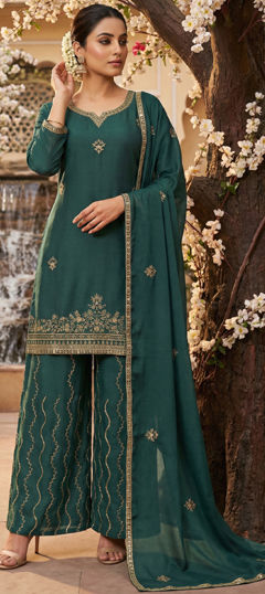 Green color Salwar Kameez in Chinon Silk fabric with Embroidered, Sequence work