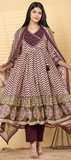 Purple and Violet color Salwar Kameez in Cotton fabric with Bugle Beads, Printed, Sequence work