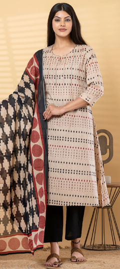 Beige and Brown, Black and Grey color Salwar Kameez in Cotton fabric with Embroidered, Mirror, Printed, Thread work