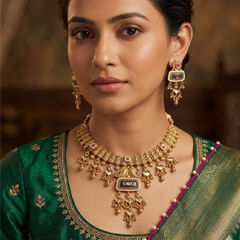 Gold Rodium Polish Pink and Majenta color Necklace in Metal Alloy studded with Kundan