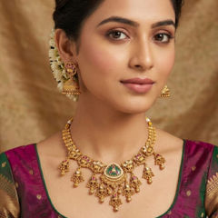 Gold Rodium Polish Green color Necklace in Metal Alloy studded with Kundan