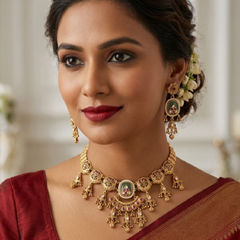 Gold Rodium Polish Green, Pink and Majenta color Necklace in Metal Alloy studded with Kundan