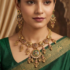Gold Rodium Polish Green, Pink and Majenta color Necklace in Metal Alloy studded with Kundan