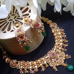 Gold Rodium Polish Green, Red and Maroon color Necklace in Copper studded with Pearl