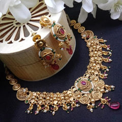 Gold Rodium Polish Green, Red and Maroon color Necklace in Copper studded with Pearl
