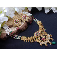Gold Rodium Polish Green, Pink and Majenta color Necklace in Copper studded with Pearl