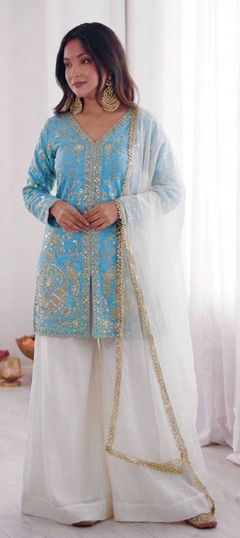 Blue, White and Off White color Salwar Kameez in Tissue fabric with Embroidered, Sequence work