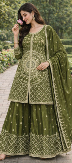 Green color Salwar Kameez in Chinon Silk fabric with Embroidered, Sequence work