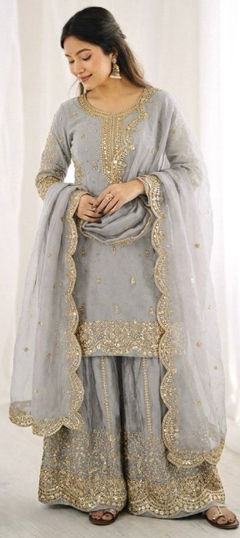 Black and Grey color Salwar Kameez in Tissue fabric with Embroidered, Sequence work