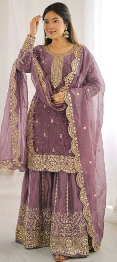 Purple and Violet color Salwar Kameez in Tissue fabric with Embroidered, Sequence work