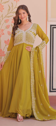 Green color Gown in Georgette fabric with Bugle Beads, Embroidered, Sequence work