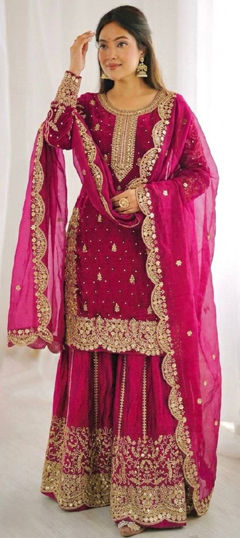 Pink and Majenta color Salwar Kameez in Tissue fabric with Embroidered, Sequence work