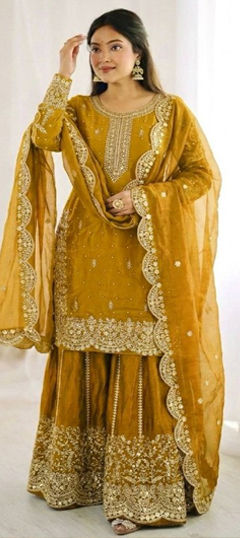 Yellow color Salwar Kameez in Tissue fabric with Embroidered, Sequence work