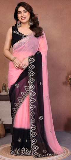 Black and Grey, Pink and Majenta color Saree in Georgette fabric with Embroidered, Sequence work