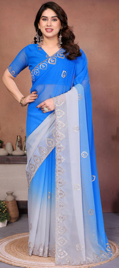 Black and Grey color Saree in Georgette fabric with Embroidered, Sequence work