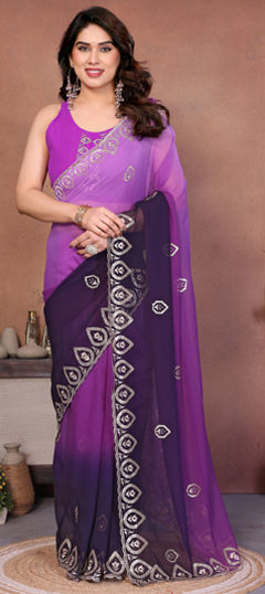 Purple and Violet color Saree in Georgette fabric with Embroidered, Sequence work