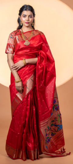 Red and Maroon color Saree in Raw Silk fabric with Weaving work