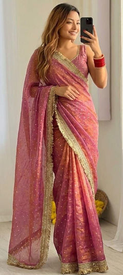 Pink and Majenta color Saree in Silk fabric with Border work