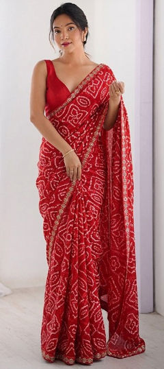 Red and Maroon color Saree in Georgette fabric with Bandhej, Printed work