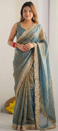 Black and Grey color Saree in Silk fabric with Border work
