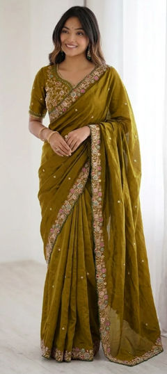 Green color Saree in Satin Silk fabric with Embroidered work