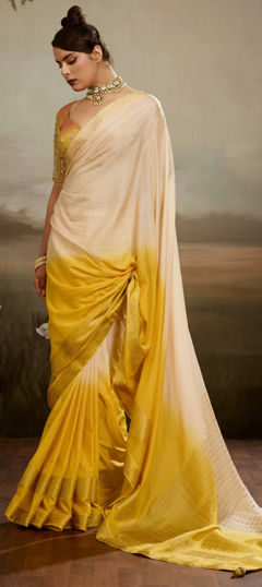 White and Off White, Yellow color Saree in Chiffon fabric with Weaving, Zari work