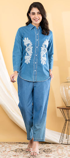 Blue color Co-ords Set in Denim fabric with Embroidered, Resham, Thread work